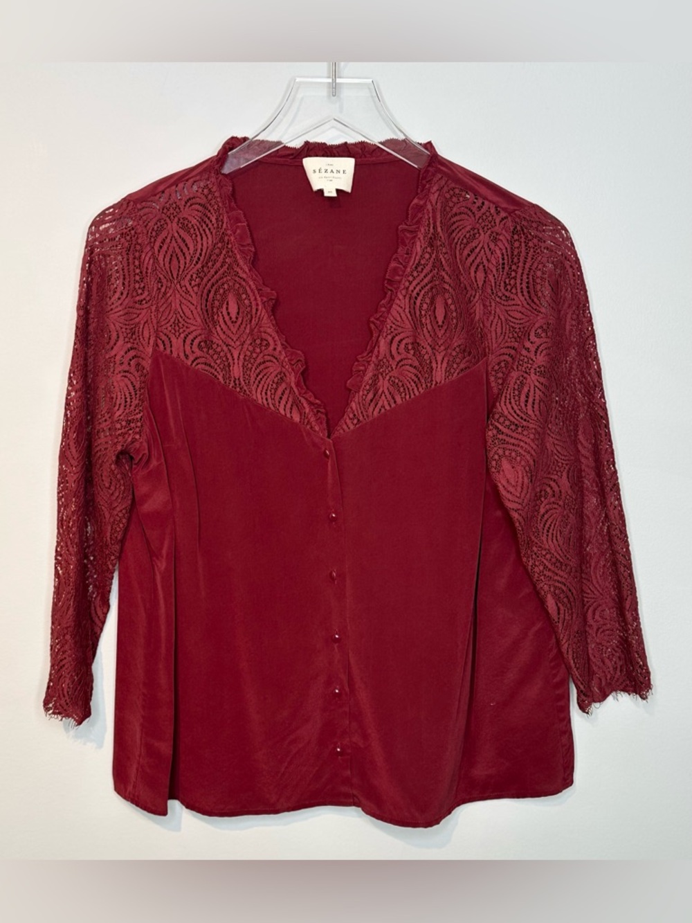 Sezane Margaret Bordeaux Red Silk Lace Sleeve Blouse Shirt Top - Picture 12 of 14